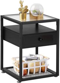 img 2 attached to 🌃 VECELO Modern Night Stands - End Side Table with Drawer, Rustic Shelf Decoration - Living Room & Bedroom Lounge Furniture Set of 2 - Glass Surface Nightstand Cabinet, Black