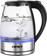 npet ek20 electric kettle: 1000w glass tea kettle with led light, auto-shutoff, and boil-dry protection - bpa-free, 1.8l, cordless portable water boiler логотип