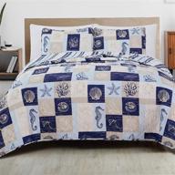 🏖️ coastal beach theme quilt set with shams - all-season bedspread coverlet in navy and taupe - caspian collection (full/queen) logo