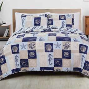 img 3 attached to 🏖️ Coastal Beach Theme Quilt Set with Shams - All-Season Bedspread Coverlet in Navy and Taupe - Caspian Collection (Full/Queen)