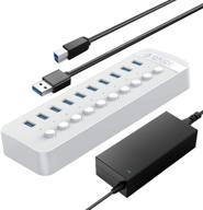 orico powered usb hub 3.0: high-speed 10 port usb charger splitter with 12v/4a adapter and individual on/off switches for desktop computer, pc, imac, mobile hdd, flash drive logo