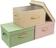 oliker storage bins with lids - foldable, large closet organizers for clothes, toys, and papers - 3 pack with wooden handles and linen fabric - (14.3'' x 10.6'' x 8'') - (3 pack in green, pink, beige) logo