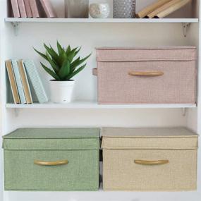 img 1 attached to OLIKER Storage Bins with Lids - Foldable, Large Closet Organizers for Clothes, Toys, and Papers - 3 Pack with Wooden Handles and Linen Fabric - (14.3'' x 10.6'' x 8'') - (3 Pack in Green, Pink, Beige)