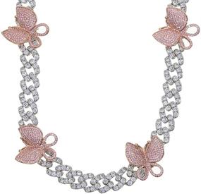 img 4 attached to 🦋 Iced Out Hip Hop Bling Women's Jewelry: White Pink CZ 12MM Cuban Chain Butterfly Necklace 16 Inch