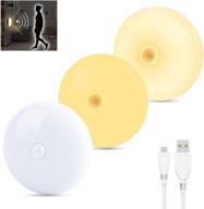 set of 3 rechargeable led night lights, bawoo puck lights with motion detection, magnetic cabinet closet lamp for entryway hallway kitchen bathroom bedroom stairway office, warm white logo