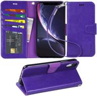 📱 arae wallet case for iphone xr 2018 - stylish pu leather flip cover with stand feature, wrist strap, 4-slot id and credit card pocket (purple, 6.1 inch) logo