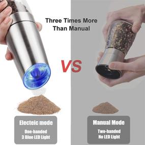 img 2 attached to 🔒 Premium Stainless Steel Gravity Electric Salt and Pepper Grinder Set, Battery-Operated Mill with Adjustable Coarseness, LED Light, One-Handed Operation - 2 Pack, Silver