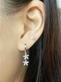 img 2 attached to 🌼 CZ Flower Dangle Hoop Earrings for Women Girls - 925 Sterling Silver with Tiny Rhinestone | Double Daisy Flower Bar Drop Dangling | Small Hoop Cartilage Stud Tragus Fashion Earrings