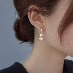 img 3 attached to 🌼 CZ Flower Dangle Hoop Earrings for Women Girls - 925 Sterling Silver with Tiny Rhinestone | Double Daisy Flower Bar Drop Dangling | Small Hoop Cartilage Stud Tragus Fashion Earrings