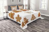 🎄 ambesonne gingerbread man bedspread, christmas gingerbread biscuits set snowflake house tree, quilted 3 piece coverlet set with 2 pillow shams, queen size, brown white logo