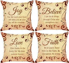 img 4 attached to 🎁 NIDITW Vintage Burlap Throw Pillow Case Set: Inspiring Gift Scripture Sayings for Christmas Decor - Joy, Love, Faith, Believe and Strength - 18 Inches Square Sofa Cover