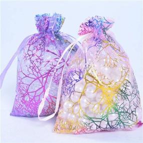 img 2 attached to 🎁 100PCS Mixed Coralline Organza Jewelry Gift Bags 4x6 Inches - Purple, Blue, Pink Drawstring Favor Pouches for Wedding Party, Baby Shower, Seashell Sample, Candy & Small Items