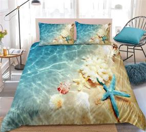 img 3 attached to Coastal Beach Themed Bedding Set - Blue Ocean Duvet Cover with Seashell 🏝️ and Starfish Prints - Queen Size - Includes 1 Duvet Cover and 2 Pillowcases