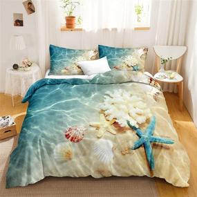 img 4 attached to Coastal Beach Themed Bedding Set - Blue Ocean Duvet Cover with Seashell 🏝️ and Starfish Prints - Queen Size - Includes 1 Duvet Cover and 2 Pillowcases