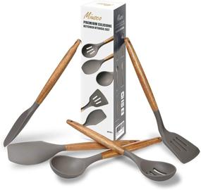 img 3 attached to 🍳 Miusco 5 Piece Non-Stick Silicone Cooking Utensil Set - Natural Acacia Hardwood Handle, High Heat Resistant - Grey