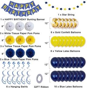 img 2 attached to Birthday Decorations: Happy Birthday Party Supplies Bunting Banner in Navy Blue and Yellow for Men, Women, Boys, and Girls - Tissue Paper Pom Poms, Hanging Swirls, Confetti, Latex Balloons (13th, 16th, 18th, 21st, 30th, 40th)