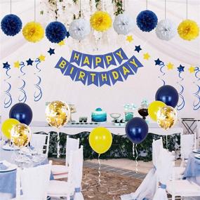 img 3 attached to Birthday Decorations: Happy Birthday Party Supplies Bunting Banner in Navy Blue and Yellow for Men, Women, Boys, and Girls - Tissue Paper Pom Poms, Hanging Swirls, Confetti, Latex Balloons (13th, 16th, 18th, 21st, 30th, 40th)