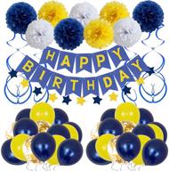 birthday decorations: happy birthday party supplies bunting banner in navy blue and yellow for men, women, boys, and girls - tissue paper pom poms, hanging swirls, confetti, latex balloons (13th, 16th, 18th, 21st, 30th, 40th) логотип