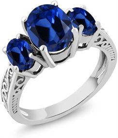 img 4 attached to 💍 Изысканное кольцо с 3 камнями Gem Stone King из 925 стерлингового серебра с синим созданным сапфиром для обручения женщин - овальный крой 3,51 карата, размеры 5, 6, 7, 8, 9 доступны