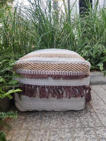 img 4 attached to 🛋️ Boho Hand Woven Contemporary Cotton Linen Pouf Cover Footstool Ottoman – Unstuffed Square Floor Cushion Footrest Cover for Living Room, Bedroom, and Under Desk (Brown Fringe)