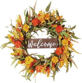 img 4 attached to 🍁 20-Inch Autumn Wreath with Wooden Welcome Sign - Vibrant Orange Flower Wreath for Front Door, Window, Wall - Farmhouse Decor and Thanksgiving Day Decoration