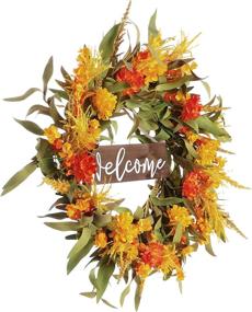 img 2 attached to 🍁 20-Inch Autumn Wreath with Wooden Welcome Sign - Vibrant Orange Flower Wreath for Front Door, Window, Wall - Farmhouse Decor and Thanksgiving Day Decoration