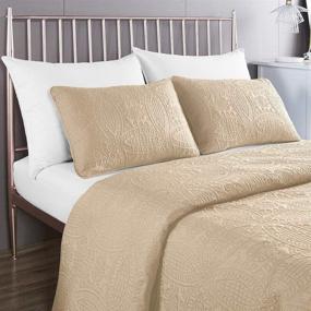 img 3 attached to 🛏️ COISINI Quilt Set King Size - Beige Soft Microfiber Lightweight Coverlet, Geometric and Floral Pattern Bedspread for All Seasons - Apricot (92X104), 3-Piece Set (Includes 1 Quilt, 2 Shams)