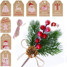 img 4 attached to 8-Piece Set of Christmas Red Berry Pine Cones for DIY Crafts & 8-Pack of Brown Kraft Paper Gift Tags, Artificial Holly Spray/Wreath Picks with Red Evergreen Branches for Xmas Decorations, Garland Décor (Red)