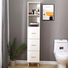 img 2 attached to Белый фристендинговый шкаф для хранения в ванной комнате с 2 открытыми полками и дверцами - идеально подходит для гостиной, кухни, кабинета и прихожей