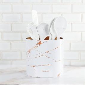 img 3 attached to 🍳 Large Countertop Kitchen Utensil Holder Organizer - 6.5″ Farmhouse Crock for Cooking Utensils - Stylish Utensil Caddy with Vintage Spatula Holder - Rustic Apartment Essentials - Big White Marble Print