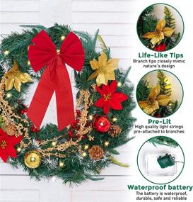 img 1 attached to 🎄 22-Inch Christmas Wreath with Lights, Poinsettia, Golden Berries, and Bowknot for Front Door - Winter Christmas Indoor/Outdoor Holiday Decor by FUNARTY