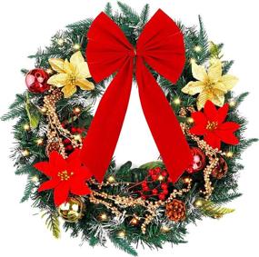 img 4 attached to 🎄 22-Inch Christmas Wreath with Lights, Poinsettia, Golden Berries, and Bowknot for Front Door - Winter Christmas Indoor/Outdoor Holiday Decor by FUNARTY