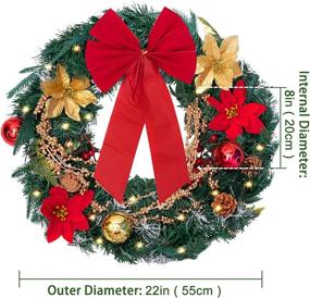 img 3 attached to 🎄 22-Inch Christmas Wreath with Lights, Poinsettia, Golden Berries, and Bowknot for Front Door - Winter Christmas Indoor/Outdoor Holiday Decor by FUNARTY
