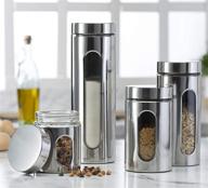 premium 4-piece stainless steel canister set for kitchen counter - glass window, airtight lids, food storage containers, pantry organization for coffee, flour, pasta, rice, spices, herbs логотип