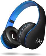 louise&mann bluetooth headphones: wireless over-ear stereo headset with mic, soft earmuffs, and travel bag for phones/tablets/pc - black/blue logo