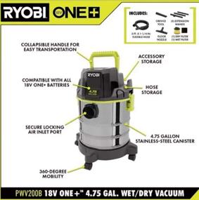 img 3 attached to Беспроводный пылесос RYOBI 18V ONE+ Wet/Dry (только инструмент) - 4.75 галлона вместимость с шлангом, щелевым насадком, насадком для пола и удлинительными насадками.