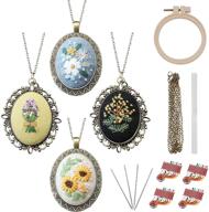 🌸 beginner's embroidery kits - set of 4 floral embroidered necklace pendants with patterns and instructions - hand sewing jewelry ornament logo