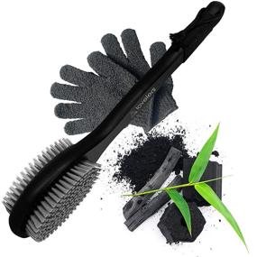 img 4 attached to 🚿 Bath Shower Body Brush Long Handle with Exfoliating Gloves - Back Washer, Bamboo Charcoal Bristles, and Exfoliator Scrubber - for Men and Women