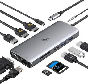 img 4 attached to 🔌 12-в-1 USB C двухмониторная док-станция: Тройной адаптер для Windows с двумя 4K HDMI, VGA, гигабитным Ethernet, USB 3.0, USB 2.0, 87 Вт PD, SD/TF кардридер, AUX, совместима с ноутбуками Type-C