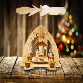 img 2 attached to 🎄 11-Inch German Pyramid Christmas Decoration - Wood Nativity Scene Play Set - Table Top Holiday Decor - Nativity Play Carousel with 4 Candle Holders - German Design