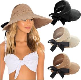 img 4 attached to 👒 Pack of 3 Foldable Wide Brim Straw Hats with Bow for Women - Summer Sun Visors, Beach Hat