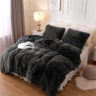 🛏️ luxurious dark gray plush fluffy duvet cover - oeko-tex certified, ultra soft crystal velvet bedding with faux fur - queen size, zipper closure logo
