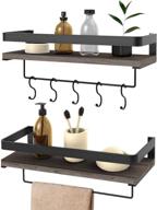 🪵 rustic pine wood floating shelves wall mount with rail towel bar and 5 hooks - ideal storage shelves for kitchen, bathroom, and bedroom (set of 2, brown) logo