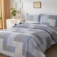 🛏️ queen size grey line plaid quilt set - 3 piece patchwork bedspread cover with reversible microfiber bedding, striped bedspread lightweight quilt for all seasons - includes 1 quilt and 2 pillow shams logo