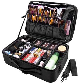 img 3 attached to 👜 Large 3-Layer Makeup Bag by JAZZ GORDON - Professional Travel Makeup Organizer, Portable Artist Storage Case with Adjustable Dividers and Straps (Black)