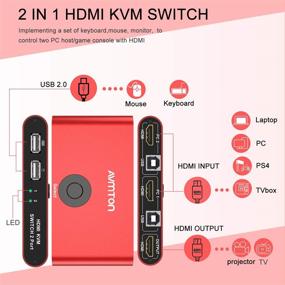 img 2 attached to Aluminum Red AVMTON HDMI KVM Switch - 2 Port, 2 in 1 Out for Sharing 2 Computers and 1 Monitor. Includes USB and HDMI Cables, Support for Hotkey Switching, Wired Keyboard and Mouse. UHD 4K@30Hz, 3D 1080P Compatible.
