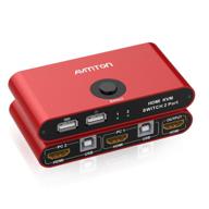aluminum red avmton hdmi kvm switch - 2 port, 2 in 1 out for sharing 2 computers and 1 monitor. includes usb and hdmi cables, support for hotkey switching, wired keyboard and mouse. uhd 4k@30hz, 3d 1080p compatible. logo