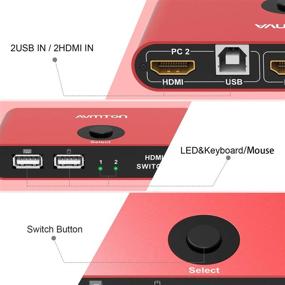 img 3 attached to Aluminum Red AVMTON HDMI KVM Switch - 2 Port, 2 in 1 Out for Sharing 2 Computers and 1 Monitor. Includes USB and HDMI Cables, Support for Hotkey Switching, Wired Keyboard and Mouse. UHD 4K@30Hz, 3D 1080P Compatible.