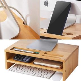 img 1 attached to 🎯 HUVIBE Monitor Stand Riser with Storage Organizer and Phone Holder - 2 Tiers Desktop Stand for Laptop Computer - Bamboo Burlywood