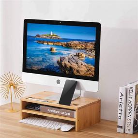 img 3 attached to 🎯 HUVIBE Monitor Stand Riser with Storage Organizer and Phone Holder - 2 Tiers Desktop Stand for Laptop Computer - Bamboo Burlywood